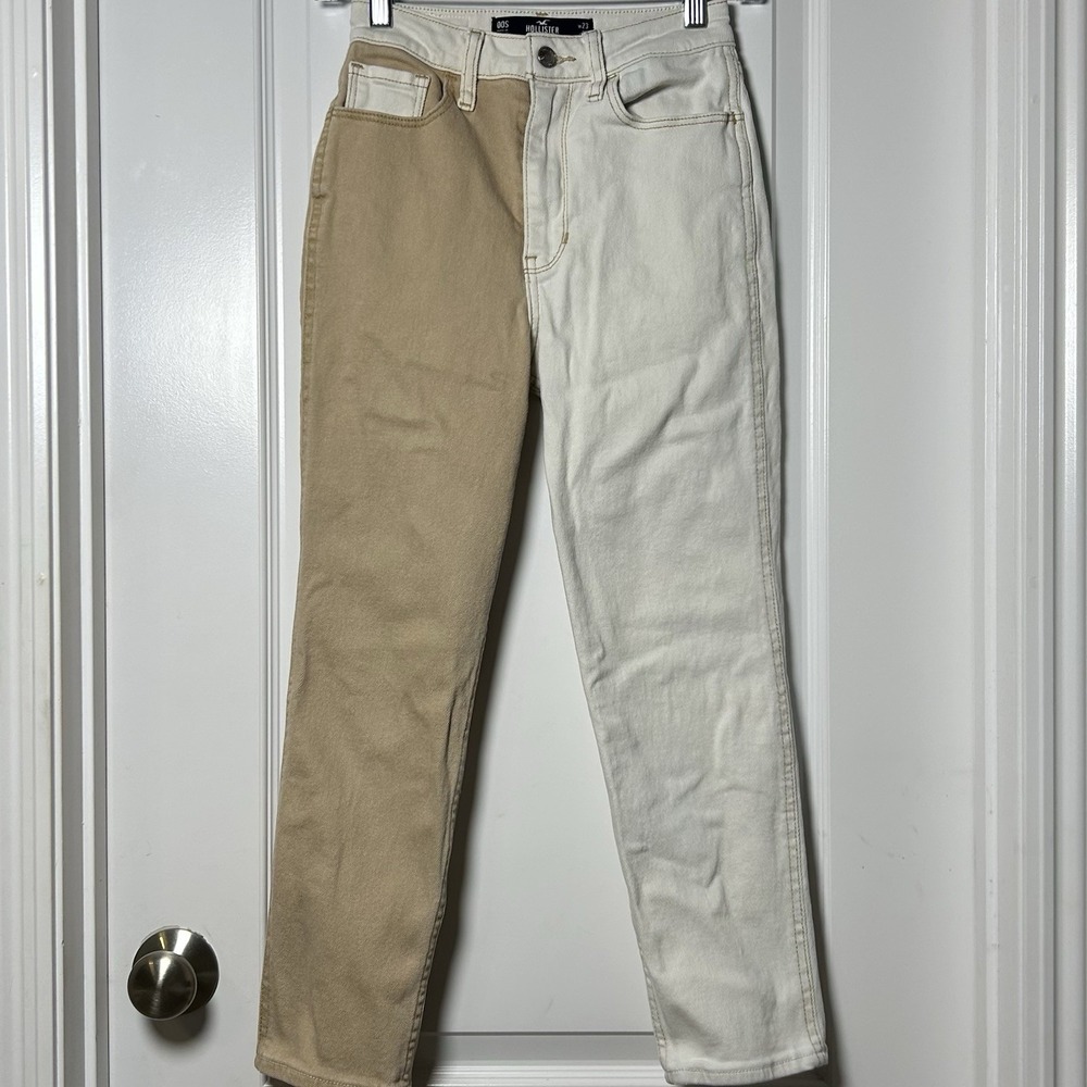 Hollister‎ Ultra High Rise Stretch Two Tone Biege and White Colorblock Mom Jeans